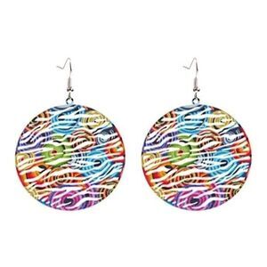 Colorful Dangle Rainbow Earrings‎ Round Disc Statement Funky Zebra Print